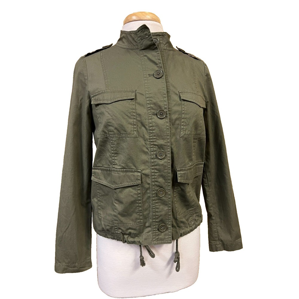 JACK Cargo Jacket Army Green Cotton Flap Pockets Epaulets Draw String Hem‎ SZ XS